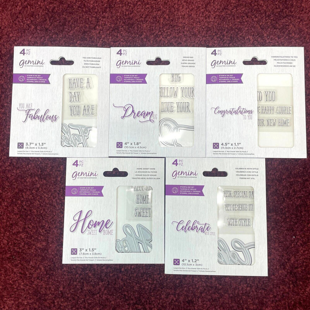 Lot 5 Crafters Companion Gemini Stamp Die Sets 4" Home Celebrate Dream Congrats